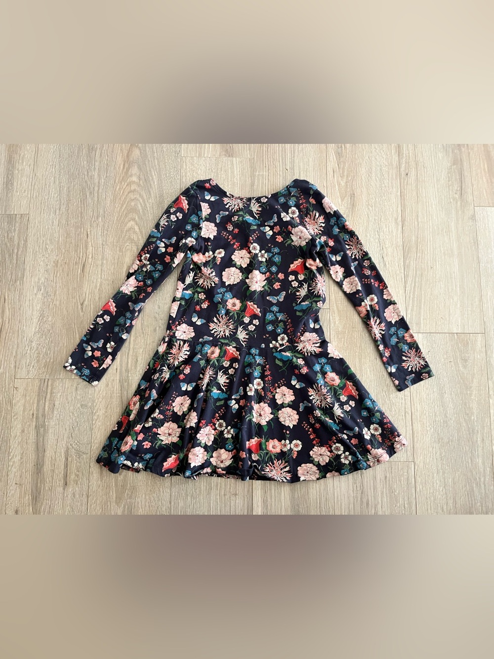 Tea Collection Girls' Floral Long-Sleeve Skater Dress Navy with Pink Flowers - 8